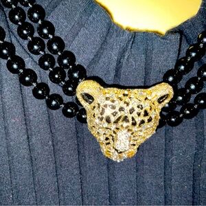 Cheetah gold necklace with 3 strand black beads